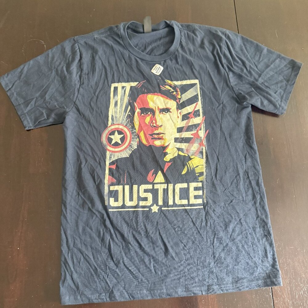 men's blue t-shirt, medium, Marvel, Captain America, Justice